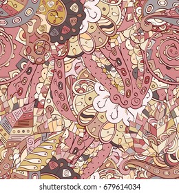 Tracery seamless pattern. Mehndi design. Ethnic colorful doodle texture. Curved doodling background. Vector