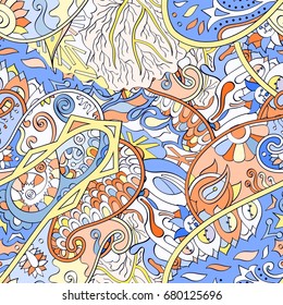 Tracery seamless pattern. Mehndi design. Ethnic colorful doodle texture. Curved doodling background. Vector