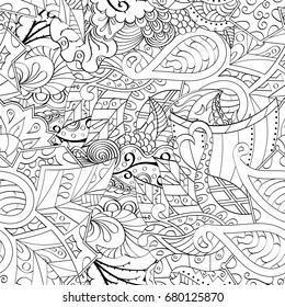 Tracery seamless pattern. Mehndi design. Ethnic monochrome binary doodle texture. Curved doodling black and white background. Vector