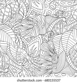 Tracery seamless pattern. Mehndi design. Ethnic monochrome binary doodle texture. Curved doodling black and white background. Vector