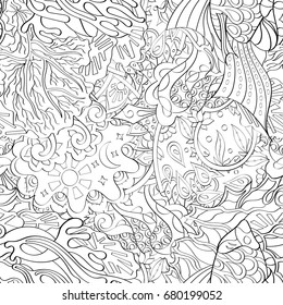 Tracery seamless pattern. Mehndi design. Ethnic monochrome binary doodle texture. Curved doodling black and white background. Vector