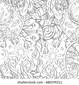 Tracery seamless pattern. Mehndi design. Ethnic monochrome binary doodle texture. Curved doodling black and white background. Vector