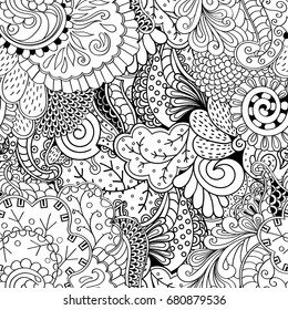 Tracery seamless pattern. Mehndi design. Ethnic monochrome binary doodle texture. Curved doodling black and white background. Vector