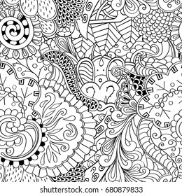 Tracery seamless pattern. Mehndi design. Ethnic monochrome binary doodle texture. Curved doodling black and white background. Vector