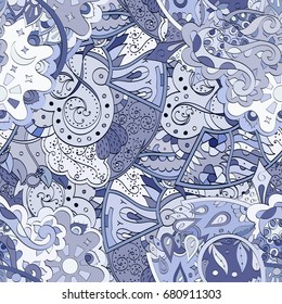 Tracery seamless pattern. Mehndi design. Ethnic colorful doodle texture. Curved doodling background. Vector