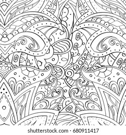 Tracery seamless pattern. Mehndi design. Ethnic monochrome binary doodle texture. Curved doodling black and white background. Vector