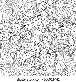 Tracery seamless pattern. Mehndi design. Ethnic monochrome binary doodle texture. Curved doodling black and white background. Vector