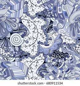 Tracery seamless pattern. Mehndi design. Ethnic colorful doodle texture. Curved doodling background. Vector