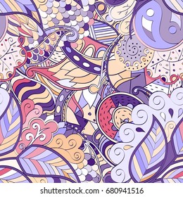 Tracery seamless pattern. Mehndi design. Ethnic colorful doodle texture. Curved doodling background. Vector