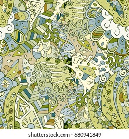 Tracery seamless pattern. Mehndi design. Ethnic colorful doodle texture. Curved doodling background. Vector