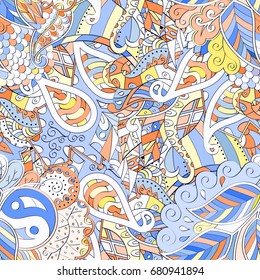 Tracery seamless pattern. Mehndi design. Ethnic colorful doodle texture. Curved doodling background. Vector