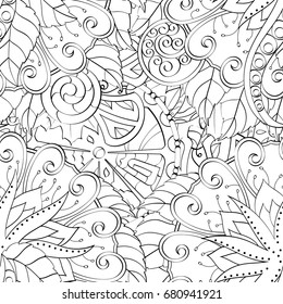 Tracery seamless pattern. Mehndi design. Ethnic monochrome binary doodle texture. Curved doodling black and white background. Vector