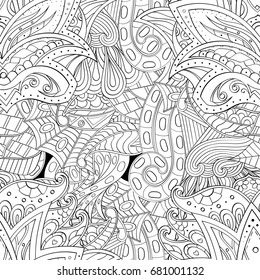 Tracery seamless pattern. Mehndi design. Ethnic monochrome binary doodle texture. Curved doodling black and white background. Vector