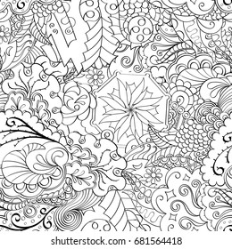 Tracery seamless pattern. Mehndi design. Ethnic monochrome binary doodle texture. Curved doodling black and white background. Vector