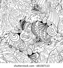 Tracery seamless pattern. Mehndi design. Ethnic monochrome binary doodle texture. Curved doodling black and white background. Vector