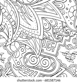 Tracery seamless pattern. Mehndi design. Ethnic monochrome binary doodle texture. Curved doodling black and white background. Vector