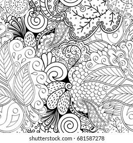Tracery seamless pattern. Mehndi design. Ethnic monochrome binary doodle texture. Curved doodling black and white background. Vector