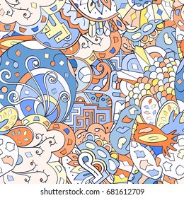 Tracery seamless pattern. Mehndi design. Ethnic colorful doodle texture. Curved doodling background. Vector