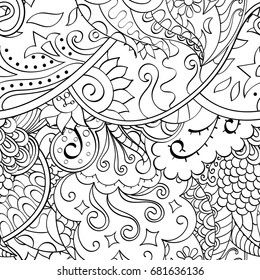 Tracery seamless pattern. Mehndi design. Ethnic monochrome binary doodle texture. Curved doodling black and white background. Vector