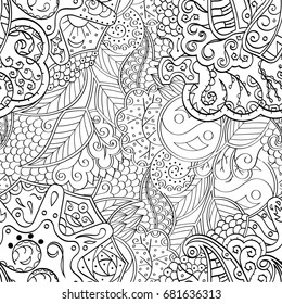 Tracery seamless pattern. Mehndi design. Ethnic monochrome binary doodle texture. Curved doodling black and white background. Vector