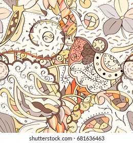 Tracery seamless pattern. Mehndi design. Ethnic colorful doodle texture. Curved doodling background. Vector