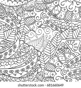 Tracery seamless pattern. Mehndi design. Ethnic monochrome binary doodle texture. Curved doodling black and white background. Vector