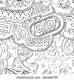 Tracery seamless pattern. Mehndi design. Ethnic monochrome binary doodle texture. Curved doodling black and white background. Vector
