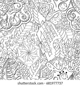 Tracery seamless pattern. Mehndi design. Ethnic monochrome binary doodle texture. Curved doodling black and white background. Vector