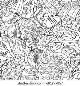 Tracery seamless pattern. Mehndi design. Ethnic monochrome binary doodle texture. Curved doodling black and white background. Vector