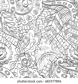 Tracery seamless pattern. Mehndi design. Ethnic monochrome binary doodle texture. Curved doodling black and white background. Vector