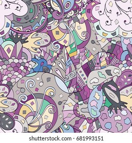 Tracery seamless pattern. Mehndi design. Ethnic colorful doodle texture. Curved doodling background. Vector