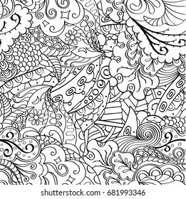 Tracery seamless pattern. Mehndi design. Ethnic monochrome binary doodle texture. Curved doodling black and white background. Vector