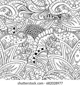 Tracery seamless pattern. Mehndi design. Ethnic monochrome binary doodle texture. Curved doodling black and white background. Vector