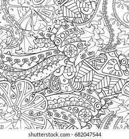 Tracery seamless pattern. Mehndi design. Ethnic monochrome binary doodle texture. Curved doodling black and white background. Vector