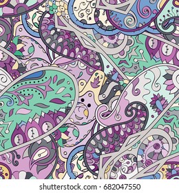 Tracery seamless pattern. Mehndi design. Ethnic colorful doodle texture. Curved doodling background. Vector