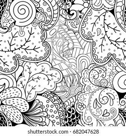 Tracery seamless pattern. Mehndi design. Ethnic monochrome binary doodle texture. Curved doodling black and white background. Vector