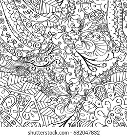 Tracery seamless pattern. Mehndi design. Ethnic monochrome binary doodle texture. Curved doodling black and white background. Vector