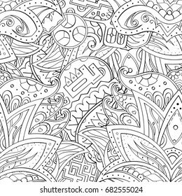 Tracery seamless pattern. Mehndi design. Ethnic monochrome binary doodle texture. Curved doodling black and white background. Vector