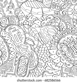 Tracery seamless pattern. Mehndi design. Ethnic monochrome binary doodle texture. Curved doodling black and white background. Vector