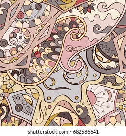 Tracery seamless pattern. Mehndi design. Ethnic colorful doodle texture. Curved doodling background. Vector