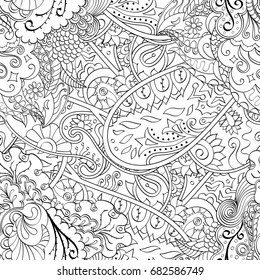 Tracery seamless pattern. Mehndi design. Ethnic monochrome binary doodle texture. Curved doodling black and white background. Vector
