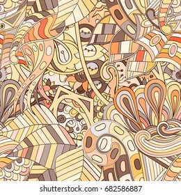 Tracery seamless pattern. Mehndi design. Ethnic colorful doodle texture. Curved doodling background. Vector
