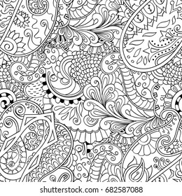 Tracery seamless pattern. Mehndi design. Ethnic monochrome binary doodle texture. Curved doodling black and white background. Vector