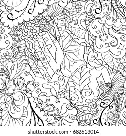 Tracery seamless pattern. Mehndi design. Ethnic monochrome binary doodle texture. Curved doodling black and white background. Vector