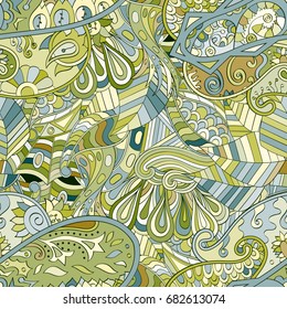 Tracery seamless pattern. Mehndi design. Ethnic colorful doodle texture. Curved doodling background. Vector
