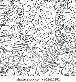 Tracery seamless pattern. Mehndi design. Ethnic monochrome binary doodle texture. Curved doodling black and white background. Vector
