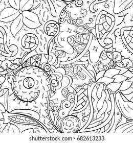 Tracery seamless pattern. Mehndi design. Ethnic monochrome binary doodle texture. Curved doodling black and white background. Vector