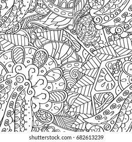 Tracery seamless pattern. Mehndi design. Ethnic monochrome binary doodle texture. Curved doodling black and white background. Vector