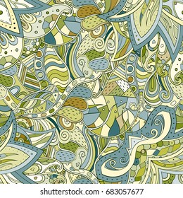 Tracery seamless pattern. Mehndi design. Ethnic colorful doodle texture. Curved doodling background. Vector