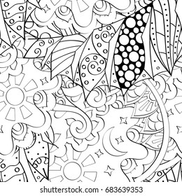 Tracery seamless pattern. Mehndi design. Ethnic monochrome binary doodle texture. Curved doodling black and white background. Vector
